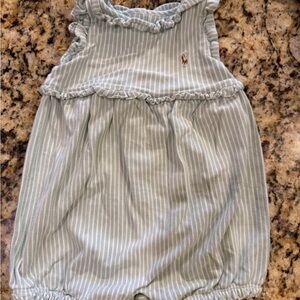 Ralph Lauren Light Blue & White Striped Ruffle Baby Romper